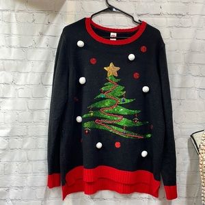 Holiday Time Festive Black Sweater with Green Tree